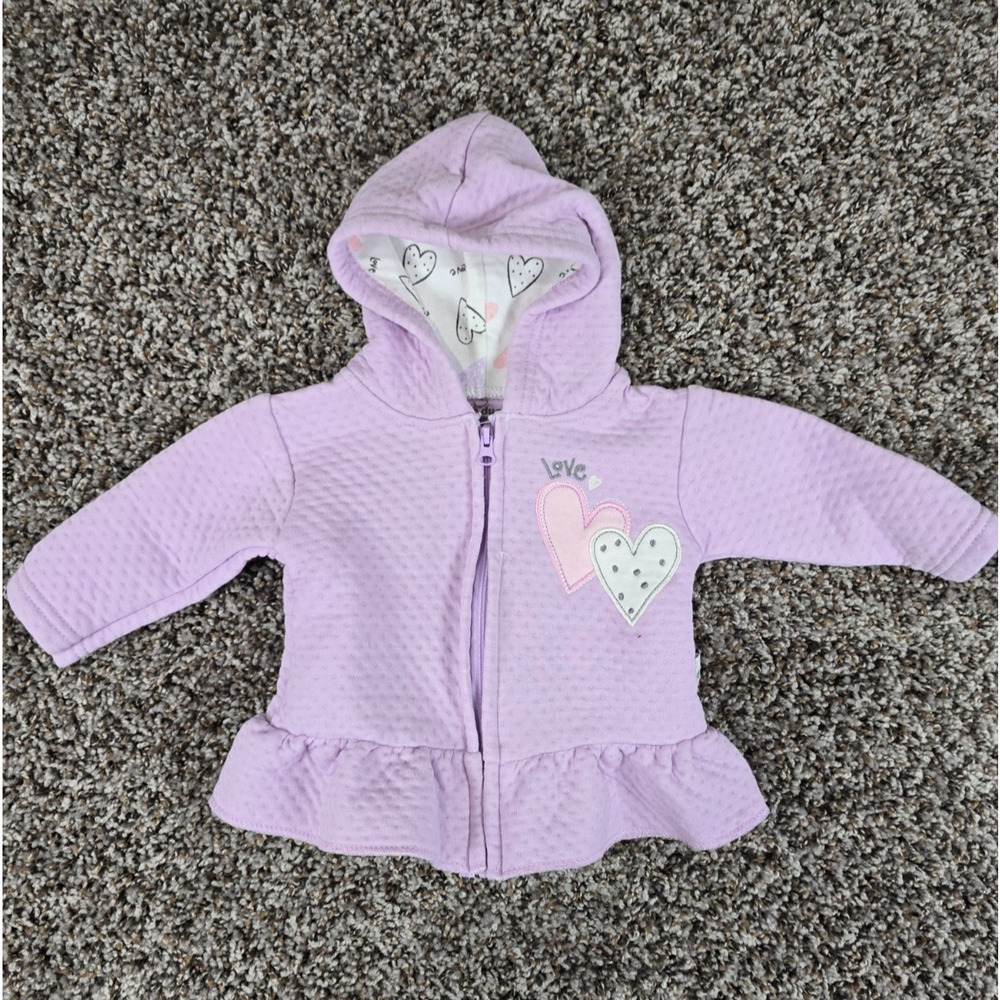 Duck Duck Goose Baby Girls Sz 0-3M Zip Up Hooded Jacket Light Purple Hearts